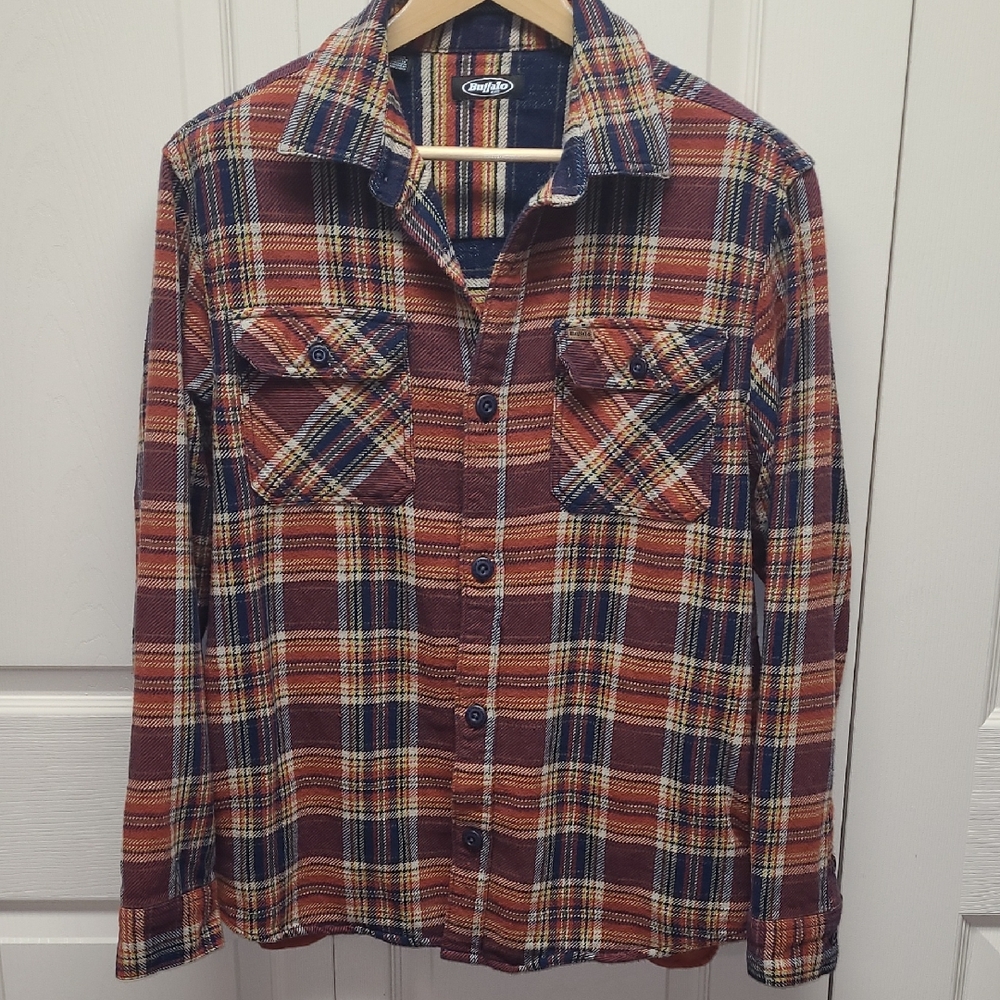 Buffalo Jeans Rugged Plaid Button-Down Flannel Shirt Jacket - Rust, Navy M